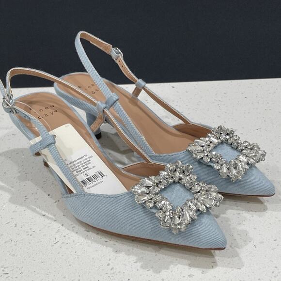 NEW Slingback Heels Rhinestone Blue Denim Sz 5 A New Day - Picture 1 of 8